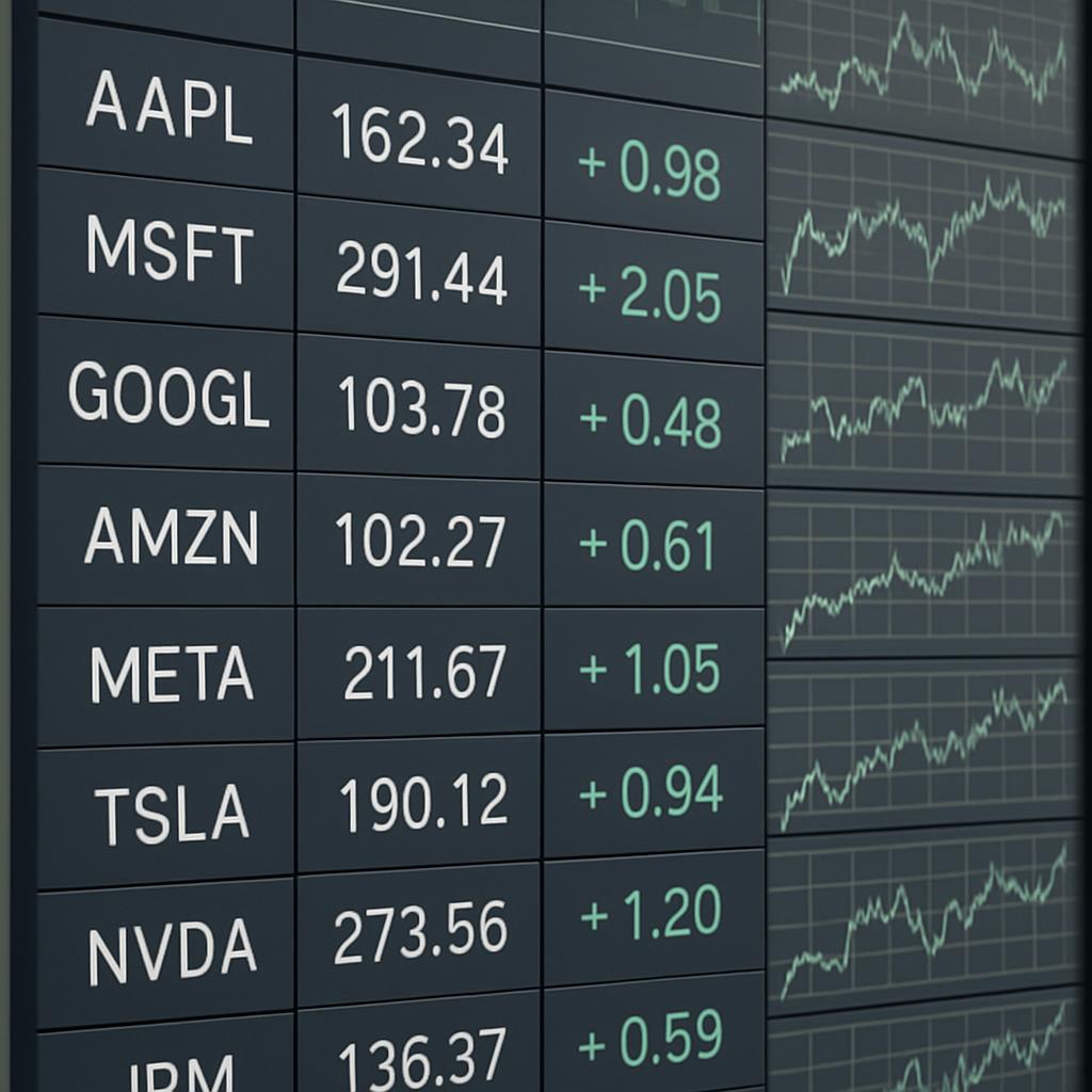 A stock market board displaying various stocks and their current prices. Dark gray digital displays list prominent stocks ...