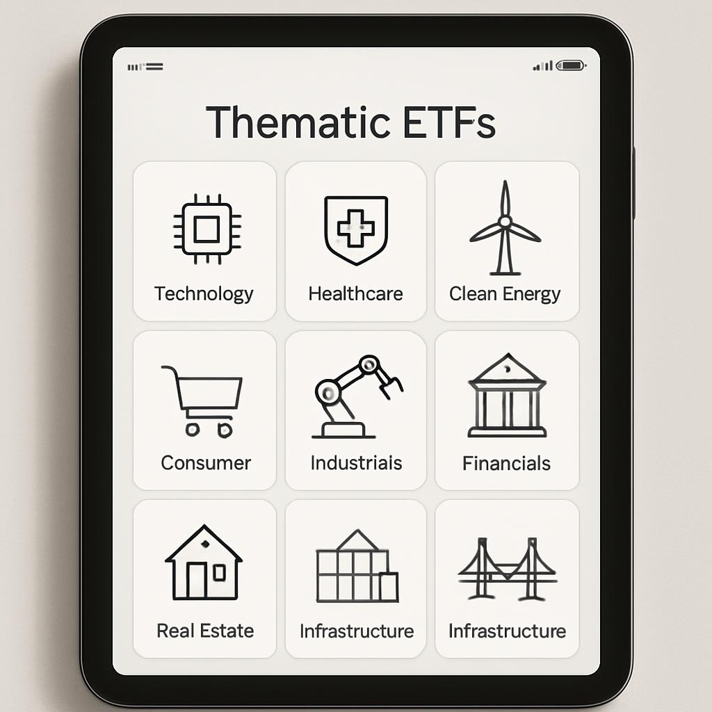 Here is the alt text: "Thematic ETFs smartphone screen with icons for Technology, Healthcare, Clean Energy, Consumer, Indu...
