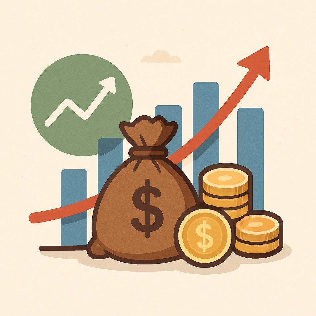 A bar graph showing an upward trend, accompanied by a stack of gold coins and a money bag with a dollar sign.