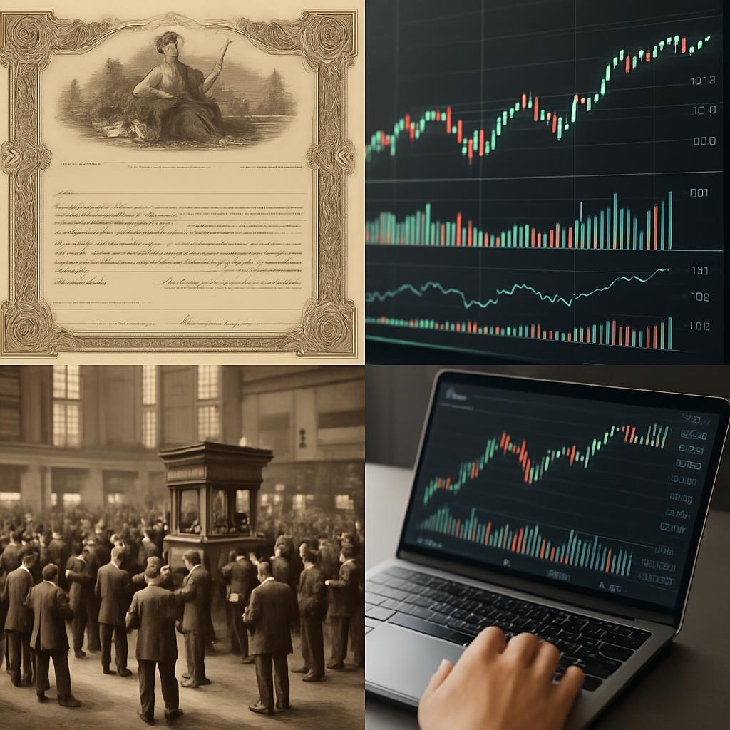 A stock certificate, a bar graph, and stock market trading, grouped with an illustration of people in an old stock exchang...